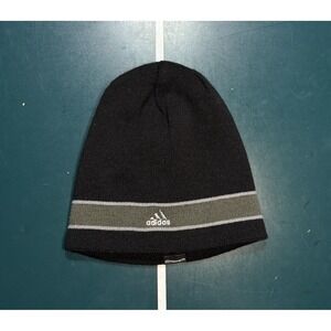 Vintage Adidas Beanie Hat Cap Reversible Black Knit Striped Embroidered Y2K